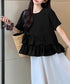 アシンメトリーフリルtシャツ 異素材夏服 レディース 大人可愛いカットソー 体型カバー フリルギャザートップス 着やせペプラムブラウス おしゃれ裾フレアカットソー 90YKL-003