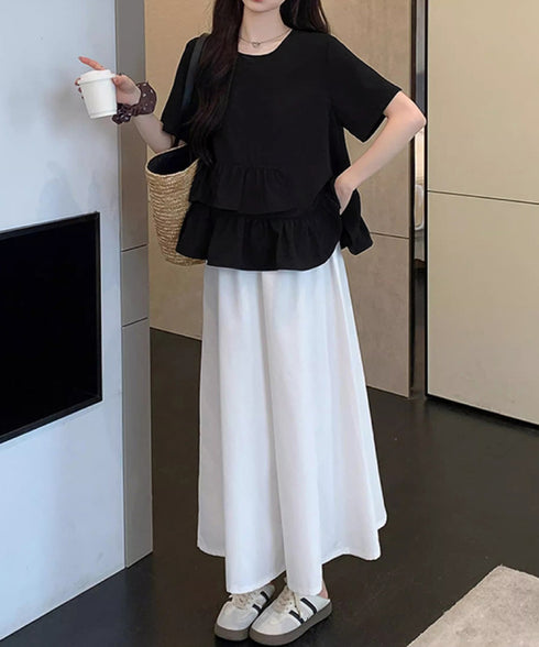 アシンメトリーフリルtシャツ 異素材夏服 レディース 大人可愛いカットソー 体型カバー フリルギャザートップス 着やせペプラムブラウス おしゃれ裾フレアカットソー 90YKL-003