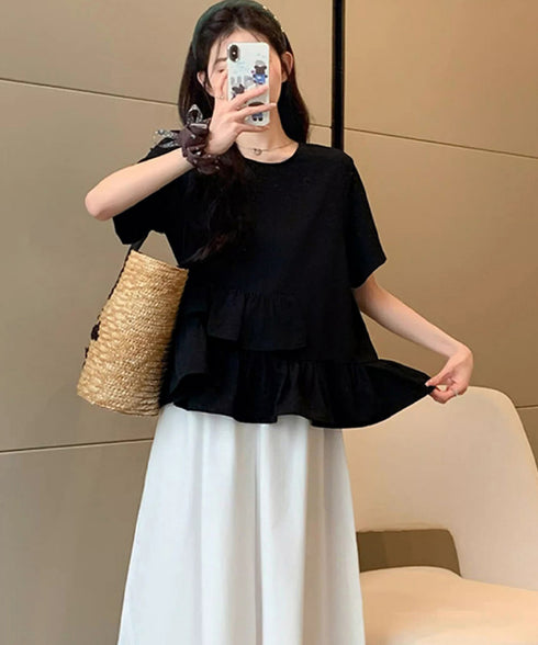 アシンメトリーフリルtシャツ 異素材夏服 レディース 大人可愛いカットソー 体型カバー フリルギャザートップス 着やせペプラムブラウス おしゃれ裾フレアカットソー 90YKL-003