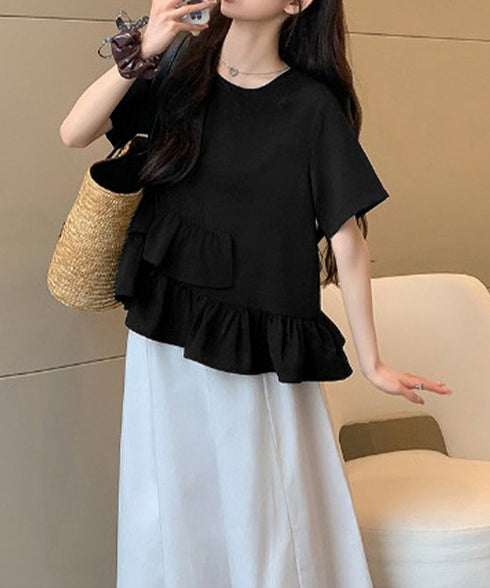 アシンメトリーフリルtシャツ 異素材夏服 レディース 大人可愛いカットソー 体型カバー フリルギャザートップス 着やせペプラムブラウス おしゃれ裾フレアカットソー 90YKL-003