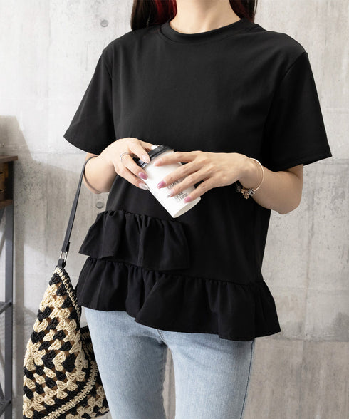 アシンメトリーフリルtシャツ 異素材夏服 レディース 大人可愛いカットソー 体型カバー フリルギャザートップス 着やせペプラムブラウス おしゃれ裾フレアカットソー 90YKL-003