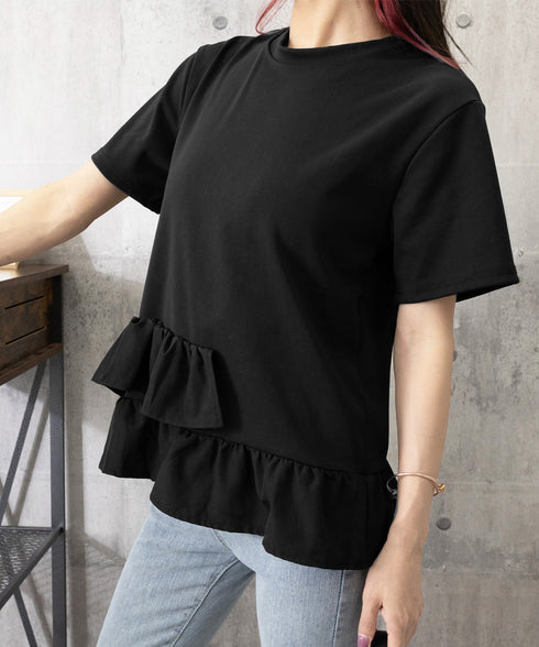 アシンメトリーフリルtシャツ 異素材夏服 レディース 大人可愛いカットソー 体型カバー フリルギャザートップス 着やせペプラムブラウス おしゃれ裾フレアカットソー 90YKL-003