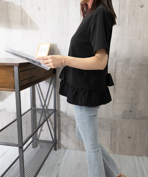 アシンメトリーフリルtシャツ 異素材夏服 レディース 大人可愛いカットソー 体型カバー フリルギャザートップス 着やせペプラムブラウス おしゃれ裾フレアカットソー 90YKL-003