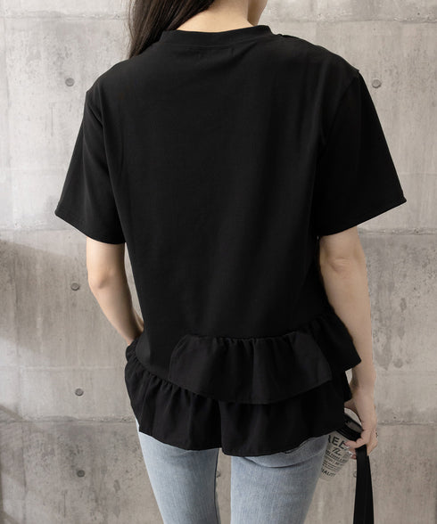 アシンメトリーフリルtシャツ 異素材夏服 レディース 大人可愛いカットソー 体型カバー フリルギャザートップス 着やせペプラムブラウス おしゃれ裾フレアカットソー 90YKL-003