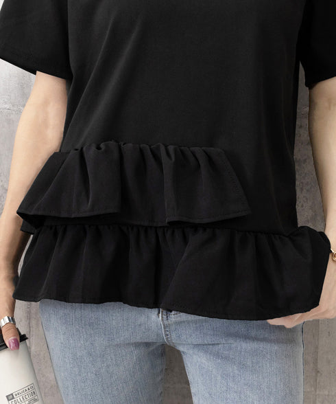 アシンメトリーフリルtシャツ 異素材夏服 レディース 大人可愛いカットソー 体型カバー フリルギャザートップス 着やせペプラムブラウス おしゃれ裾フレアカットソー 90YKL-003