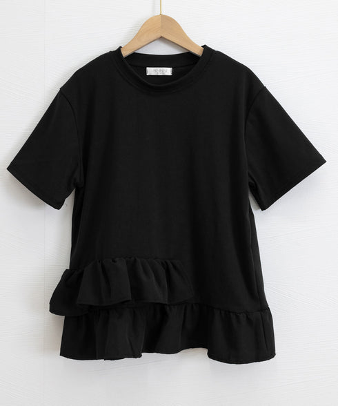 アシンメトリーフリルtシャツ 異素材夏服 レディース 大人可愛いカットソー 体型カバー フリルギャザートップス 着やせペプラムブラウス おしゃれ裾フレアカットソー 90YKL-003