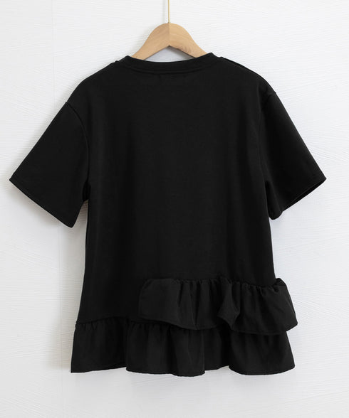 アシンメトリーフリルtシャツ 異素材夏服 レディース 大人可愛いカットソー 体型カバー フリルギャザートップス 着やせペプラムブラウス おしゃれ裾フレアカットソー 90YKL-003