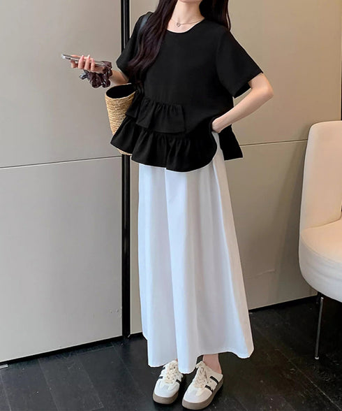 アシンメトリーフリルtシャツ 異素材夏服 レディース 大人可愛いカットソー 体型カバー フリルギャザートップス 着やせペプラムブラウス おしゃれ裾フレアカットソー 90YKL-003