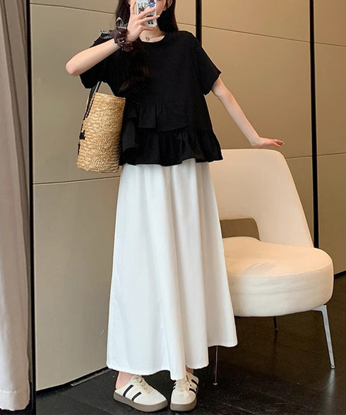 アシンメトリーフリルtシャツ 異素材夏服 レディース 大人可愛いカットソー 体型カバー フリルギャザートップス 着やせペプラムブラウス おしゃれ裾フレアカットソー 90YKL-003