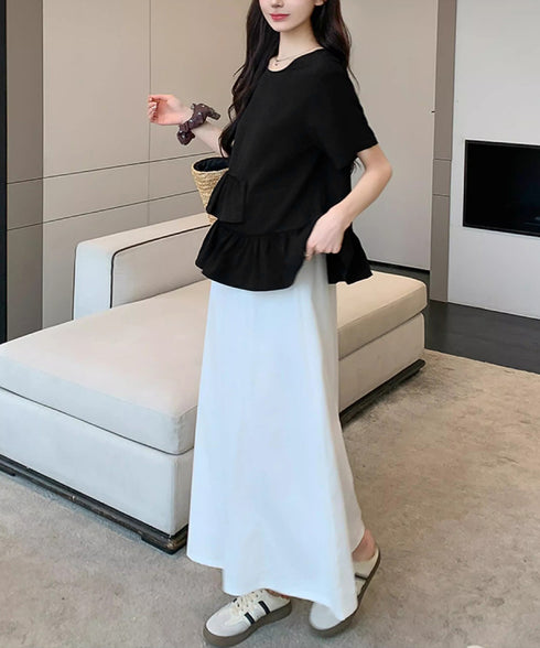 アシンメトリーフリルtシャツ 異素材夏服 レディース 大人可愛いカットソー 体型カバー フリルギャザートップス 着やせペプラムブラウス おしゃれ裾フレアカットソー 90YKL-003