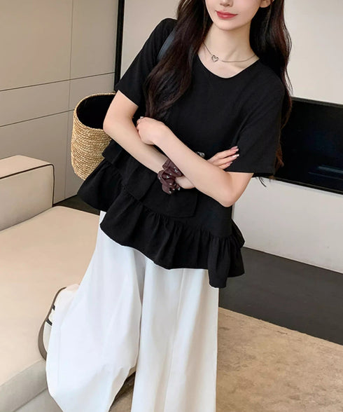 アシンメトリーフリルtシャツ 異素材夏服 レディース 大人可愛いカットソー 体型カバー フリルギャザートップス 着やせペプラムブラウス おしゃれ裾フレアカットソー 90YKL-003