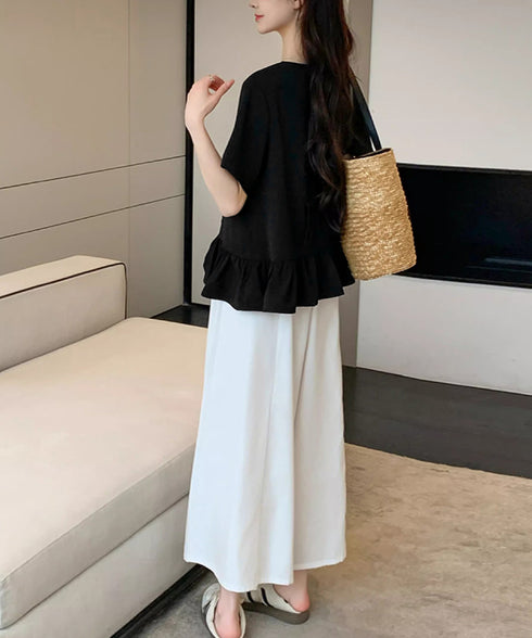 アシンメトリーフリルtシャツ 異素材夏服 レディース 大人可愛いカットソー 体型カバー フリルギャザートップス 着やせペプラムブラウス おしゃれ裾フレアカットソー 90YKL-003