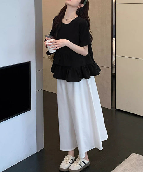 アシンメトリーフリルtシャツ 異素材夏服 レディース 大人可愛いカットソー 体型カバー フリルギャザートップス 着やせペプラムブラウス おしゃれ裾フレアカットソー 90YKL-003