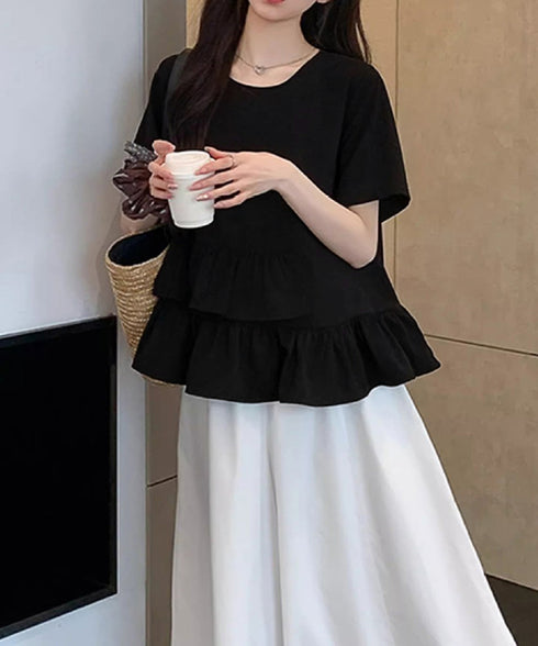 アシンメトリーフリルtシャツ 異素材夏服 レディース 大人可愛いカットソー 体型カバー フリルギャザートップス 着やせペプラムブラウス おしゃれ裾フレアカットソー 90YKL-003