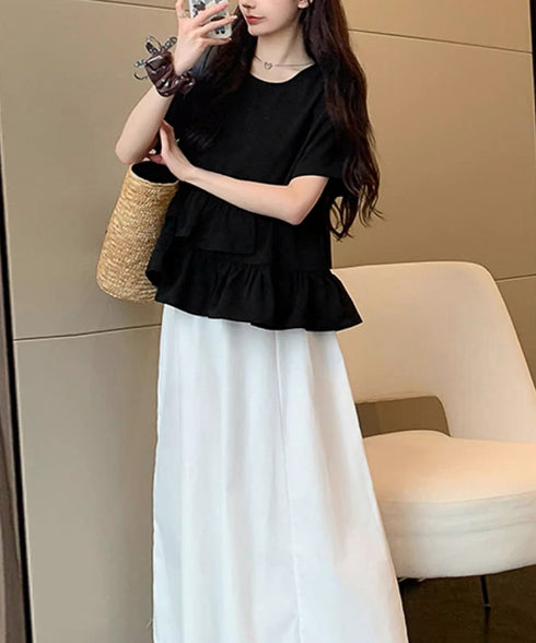 アシンメトリーフリルtシャツ 異素材夏服 レディース 大人可愛いカットソー 体型カバー フリルギャザートップス 着やせペプラムブラウス おしゃれ裾フレアカットソー 90YKL-003