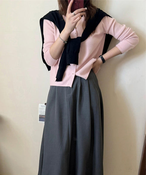 Vネック ニットカーディガン韓国風ニット レディース きれいめニットトップス 秋冬 前開きニット 通勤通学ニットアウター 長袖 セーター 可愛いボタン羽織り 無地 90YKL-004