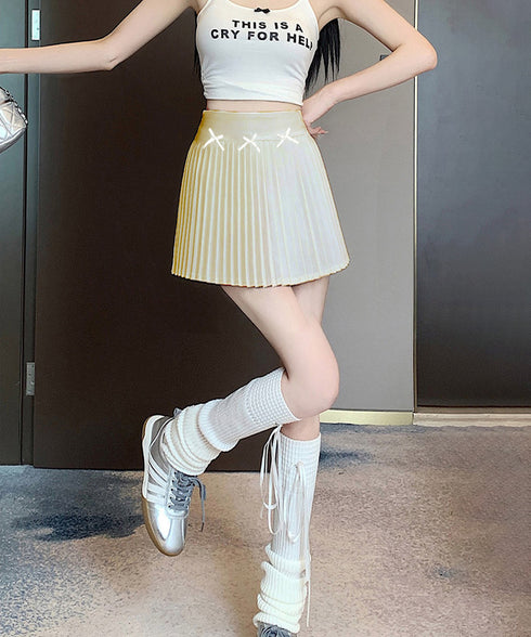リボン付きプリーツミニスカートレディース Aラインスカート ハイウエスト 大人可愛いショート丈スカート お洒落 着やせボトムス セクシー きれいめスカート脚長見え 90YLY-001