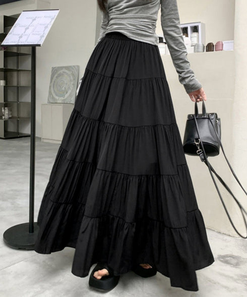 ティアードスカート 韓国風ロングスカート レディース ハイウエスト フレアスカート 裏地付きaラインスカート 大人体型カバーフレアスカート 着やせ マキシスカート 90YMY-001