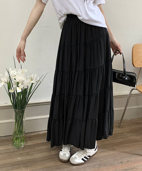 ティアードスカート 韓国風ロングスカート レディース ハイウエスト フレアスカート 裏地付きaラインスカート 大人体型カバーフレアスカート 着やせ マキシスカート 90YMY-001
