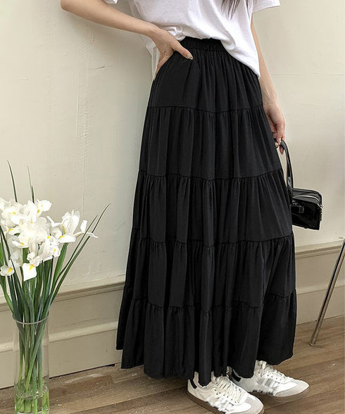 ティアードスカート 韓国風ロングスカート レディース ハイウエスト フレアスカート 裏地付きaラインスカート 大人体型カバーフレアスカート 着やせ マキシスカート 90YMY-001