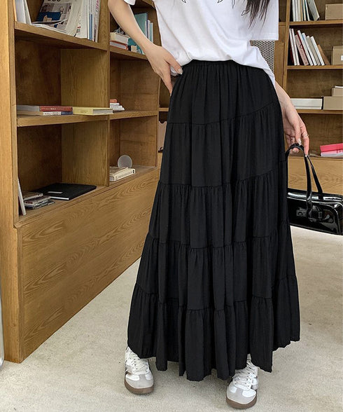 ティアードスカート 韓国風ロングスカート レディース ハイウエスト フレアスカート 裏地付きaラインスカート 大人体型カバーフレアスカート 着やせ マキシスカート 90YMY-001