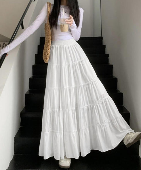 ティアードスカート 韓国風ロングスカート レディース ハイウエスト フレアスカート 裏地付きaラインスカート 大人体型カバーフレアスカート 着やせ マキシスカート 90YMY-001
