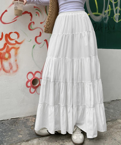 ティアードスカート 韓国風ロングスカート レディース ハイウエスト フレアスカート 裏地付きaラインスカート 大人体型カバーフレアスカート 着やせ マキシスカート 90YMY-001