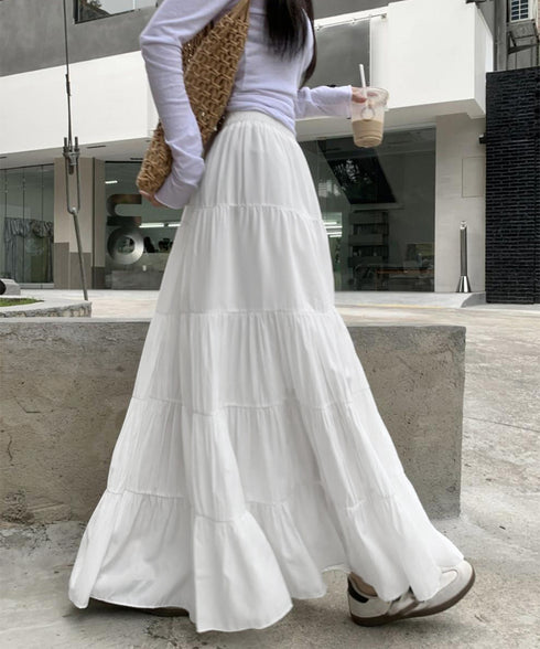ティアードスカート 韓国風ロングスカート レディース ハイウエスト フレアスカート 裏地付きaラインスカート 大人体型カバーフレアスカート 着やせ マキシスカート 90YMY-001
