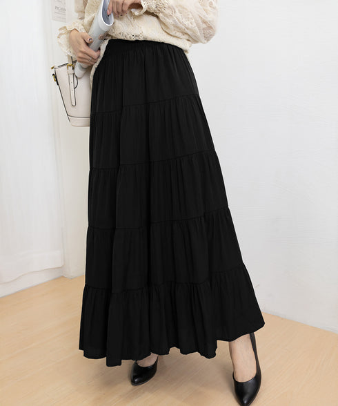 ティアードスカート 韓国風ロングスカート レディース ハイウエスト フレアスカート 裏地付きaラインスカート 大人体型カバーフレアスカート 着やせ マキシスカート 90YMY-001
