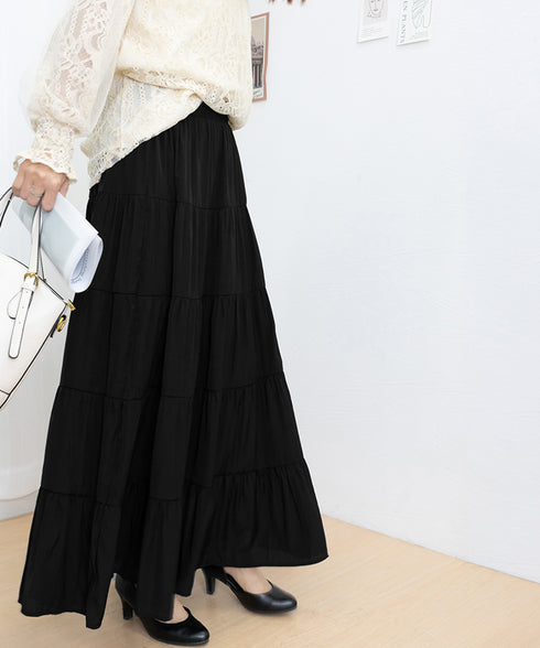 ティアードスカート 韓国風ロングスカート レディース ハイウエスト フレアスカート 裏地付きaラインスカート 大人体型カバーフレアスカート 着やせ マキシスカート 90YMY-001