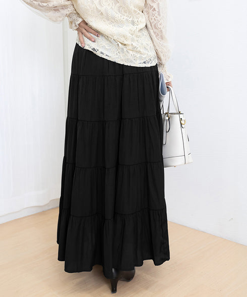 ティアードスカート 韓国風ロングスカート レディース ハイウエスト フレアスカート 裏地付きaラインスカート 大人体型カバーフレアスカート 着やせ マキシスカート 90YMY-001