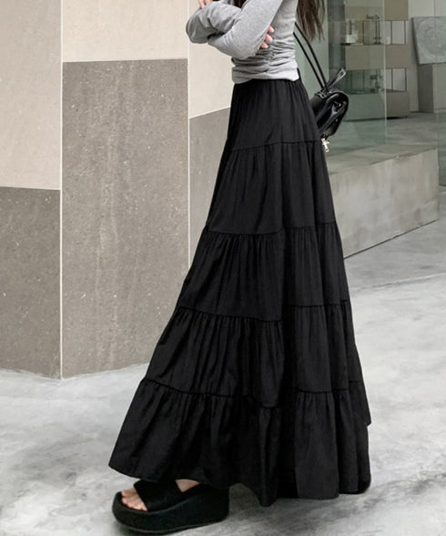 ティアードスカート 韓国風ロングスカート レディース ハイウエスト フレアスカート 裏地付きaラインスカート 大人体型カバーフレアスカート 着やせ マキシスカート 90YMY-001