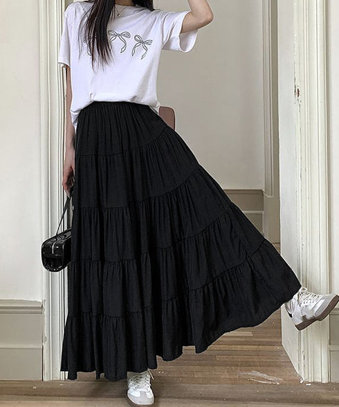 ティアードスカート 韓国風ロングスカート レディース ハイウエスト フレアスカート 裏地付きaラインスカート 大人体型カバーフレアスカート 着やせ マキシスカート 90YMY-001