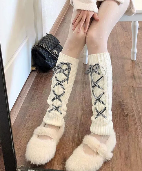 レースアップニットレッグウォーマー暖かい 足首ウォーマー レディース 冷え取りニットレッグカバー 寒さ対策 履きやすい防寒グッズ コスチューム ルーズソックス秋冬 90YT-003