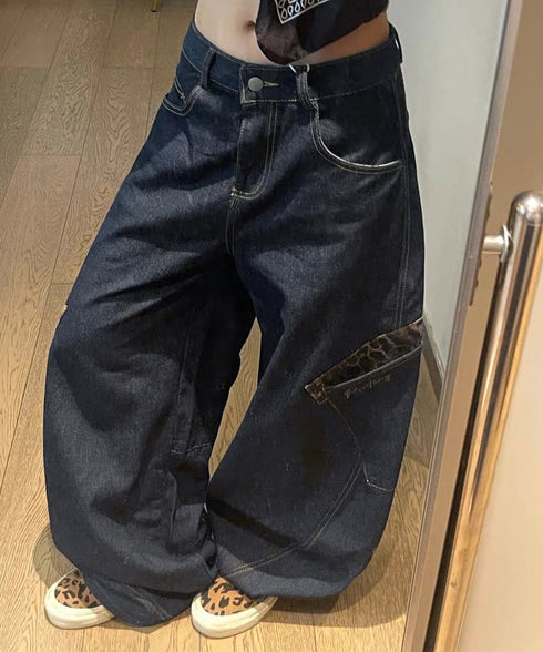 デニムカーブパンツ レオパード柄ポケット レトロ風ロングパンツ レディース ハイウエスト ワイドパンツ ポケット付き バナナパンツ カジュアル ボトムス 美脚脚長 90ZHIM-001