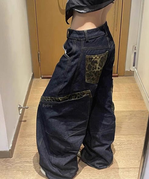 デニムカーブパンツ レオパード柄ポケット レトロ風ロングパンツ レディース ハイウエスト ワイドパンツ ポケット付き バナナパンツ カジュアル ボトムス 美脚脚長 90ZHIM-001
