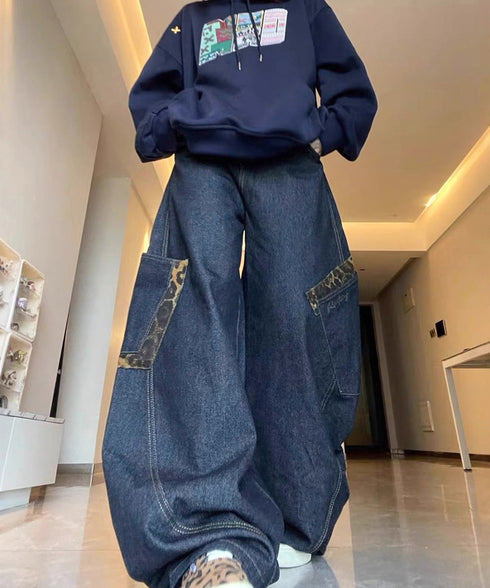 デニムカーブパンツ レオパード柄ポケット レトロ風ロングパンツ レディース ハイウエスト ワイドパンツ ポケット付き バナナパンツ カジュアル ボトムス 美脚脚長 90ZHIM-001
