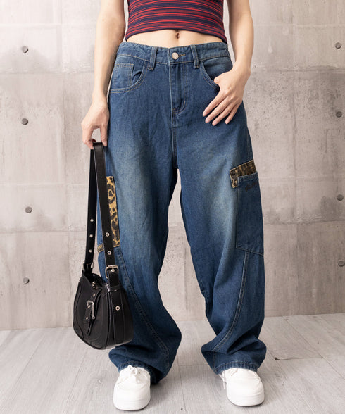 デニムカーブパンツ レオパード柄ポケット レトロ風ロングパンツ レディース ハイウエスト ワイドパンツ ポケット付き バナナパンツ カジュアル ボトムス 美脚脚長 90ZHIM-001