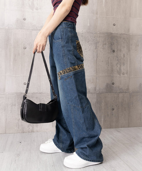 デニムカーブパンツ レオパード柄ポケット レトロ風ロングパンツ レディース ハイウエスト ワイドパンツ ポケット付き バナナパンツ カジュアル ボトムス 美脚脚長 90ZHIM-001