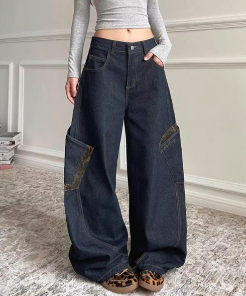 デニムカーブパンツ レオパード柄ポケット レトロ風ロングパンツ レディース ハイウエスト ワイドパンツ ポケット付き バナナパンツ カジュアル ボトムス 美脚脚長 90ZHIM-001