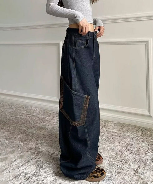 デニムカーブパンツ レオパード柄ポケット レトロ風ロングパンツ レディース ハイウエスト ワイドパンツ ポケット付き バナナパンツ カジュアル ボトムス 美脚脚長 90ZHIM-001