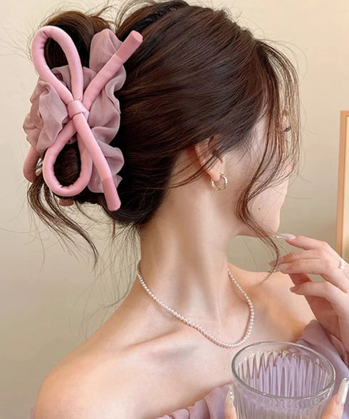 リボンヘアクリップ大きめ バンスクリップ おしゃれ髪飾り 韓国風 まとめ髪 夜会巻き髪飾り きれいめヘアアクセサリー メッシュフリル 大人可愛いヘアアレンジグッズ 90ZHIYI-001