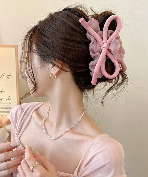 リボンヘアクリップ大きめ バンスクリップ おしゃれ髪飾り 韓国風 まとめ髪 夜会巻き髪飾り きれいめヘアアクセサリー メッシュフリル 大人可愛いヘアアレンジグッズ 90ZHIYI-001