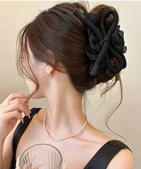 リボンヘアクリップ大きめ バンスクリップ おしゃれ髪飾り 韓国風 まとめ髪 夜会巻き髪飾り きれいめヘアアクセサリー メッシュフリル 大人可愛いヘアアレンジグッズ 90ZHIYI-001