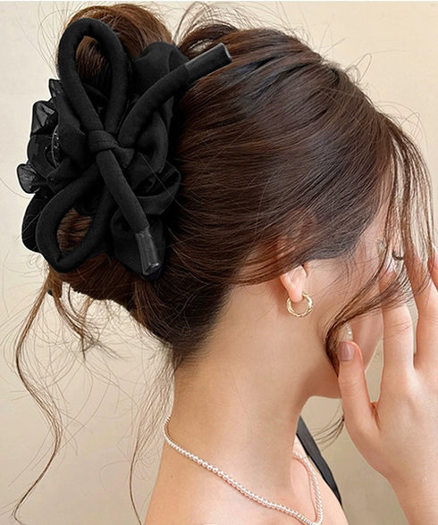 リボンヘアクリップ大きめ バンスクリップ おしゃれ髪飾り 韓国風 まとめ髪 夜会巻き髪飾り きれいめヘアアクセサリー メッシュフリル 大人可愛いヘアアレンジグッズ 90ZHIYI-001