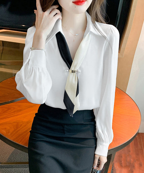 ボウタイブラウス長袖ネクタイ付きブラウス バイカラー Vネックトップス レディース シャツブラウス オフィスカジュアル 大人女性 通勤服 20代30代40代韓国風 90ZHUIMR-001