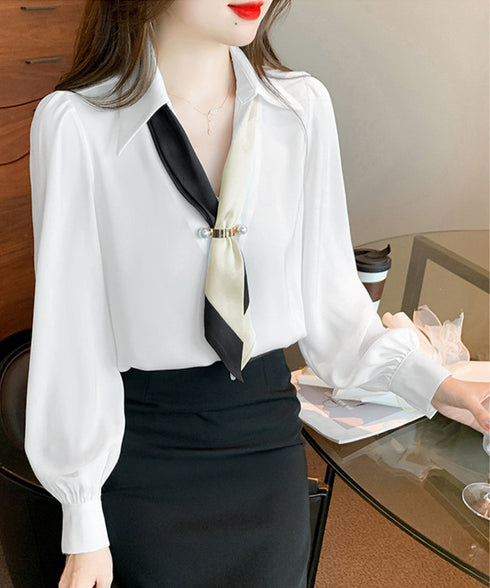 ボウタイブラウス長袖ネクタイ付きブラウス バイカラー Vネックトップス レディース シャツブラウス オフィスカジュアル 大人女性 通勤服 20代30代40代韓国風 90ZHUIMR-001