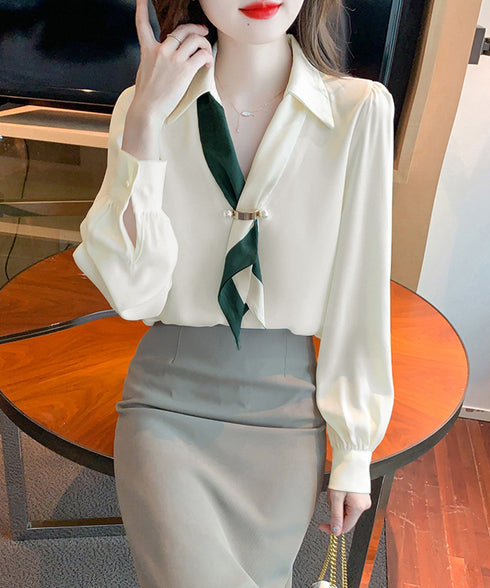 ボウタイブラウス長袖ネクタイ付きブラウス バイカラー Vネックトップス レディース シャツブラウス オフィスカジュアル 大人女性 通勤服 20代30代40代韓国風 90ZHUIMR-001