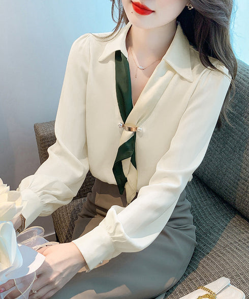 ボウタイブラウス長袖ネクタイ付きブラウス バイカラー Vネックトップス レディース シャツブラウス オフィスカジュアル 大人女性 通勤服 20代30代40代韓国風 90ZHUIMR-001