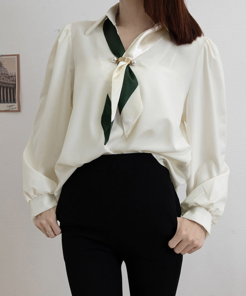 ボウタイブラウス長袖ネクタイ付きブラウス バイカラー Vネックトップス レディース シャツブラウス オフィスカジュアル 大人女性 通勤服 20代30代40代韓国風 90ZHUIMR-001